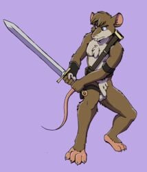 casual_nudity cirruskitfox flaccid male male_only mammal melee_weapon nipples nude penis purple_background rat rodent simple_background sword weapon