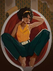 1girls afro applesauce_jack armpit barefoot brown_eyes clothed curly_hair dark_hair dark_skin deathloop ebony female hairband julianna_blake looking_at_viewer shirt sitting