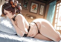 ai_generated big_ass bubble_ass bubble_butt huge_ass laying_on_bed laying_on_side mirror_image pillow sexy_smile smile