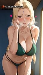 ai_generated bare_shoulders bikini blonde_hair blush boruto:naruto_next_generations breasts breath brown_eyes cleavage collarbone cowboy_shot facial_mark female forehead_mark green_bikini halterneck hand_on_own_face hand_on_own_thigh hand_up heart heavy_breathing indoors large_breasts leaning_forward lips long_hair looking_at_viewer low_twintails mature_female meitabuu naruto naruto(series) naruto_(series) navel parted_lips solo standing steaming_body stomach sweat swimsuit thighs tsunade tsunade_(naruto) twintails