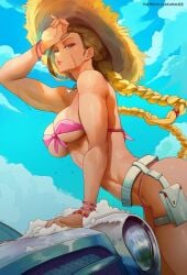 1girls araneesama belt bikini blue_eyes braided_hair cammy_white capcom carwash long_hair scar street_fighter twin_braids twintails