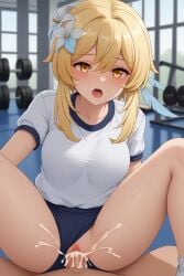 1girls adamegidor ai_generated blonde_hair cum_inside female gym_uniform lumine_(genshin_impact) sex