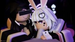 1boy 2girls 3d all_the_way_to_the_base animal_ears animated balls black_hair black_hair_female bowtie breasts bunny_ears bunnysuit censored_eyes cleavage clothed clothing deepthroat eye_contact eyelashes fellatio female hair_ornament iris_(rusmynth) licking licking_penis loop looping_animation makeup male male/female music original_character original_characters pasties penis penis_in_mouth ping_pong roblox robloxian rusmynth saliva_on_penis sound sticker sticker_on_face stickers sylvia_(rusmynth) tagme threesome tongue tongue_out video white_hair white_hair_female
