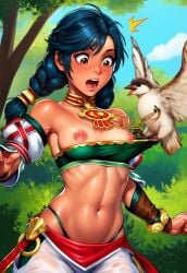 ai_generated bird breasts clothing_pull day exposed_breasts exposed_nipples female female female_focus female_only midriff nipples shocked shocked_expression small_breasts soul_calibur talim twin_braids