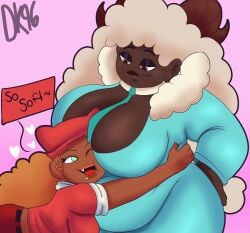 2girls big_breasts chubby chubby_belly chubby_female daisykitty96 dark-skinned_female dialogue face_in_breasts face_on_belly female girlfriends hugging sheep_girl speech_bubble trina_(daisykitty96) zadie_(daisykitty96)
