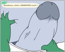 5:4 ambiguous_gender animal_crossing anthro belly belly_grab big_belly border close-up clothing dialogue dizzy_(animal_crossing) duo elephant elephantid english_text genitals green_body grey_body grey_penis hand_on_belly hi_res holding_penis huge_belly humanoid_genitalia humanoid_penis jouigidragon male male/ambiguous male_focus mammal nintendo obese obese_anthro obese_male opal_(animal_crossing) overweight overweight_anthro overweight_male penis proboscidean solo_focus text underwear vein veiny_penis white_border
