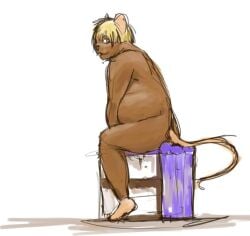 2010 anthro blonde_hair brown_body brown_fur cake cake_slice colored dessert feet food frosting fur guide_lines hair jeri_kleinlowe looking_at_viewer looking_back looking_back_at_viewer male mammal mouse mouse_tail murid murine nude nude_male on_cake overweight purple_frosting rodent simple_background sitting sitting_on_cake smile solo tail white_background