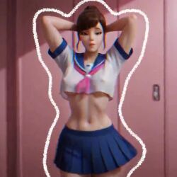 ai_generated d.va dancing game locker_room looking_at_viewer looking_pleasured overwatch overwatch_2 school_uniform schoolgirl small_breasts tagme thin_female thin_waist video