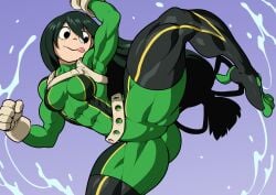 1girls ass ass_visible_through_thighs breasts female green_hair large_ass long_hair muscular muscular_female my_hero_academia pokkuti skin_tight thick_thighs tongue_out tsuyu_asui