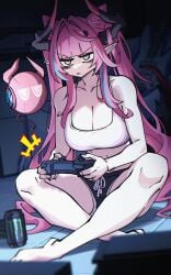 1girls arknights arknights:_endfield blue_eyes blue_highlights cleavage controller dark_room dragon_girl dryegen46 female gaming guitar gym_shorts holding_controller horns large_breasts light_skinned_female long_hair monster_energy pink_hair serious sitting white_tank_top yvonne_(arknights_endfield)