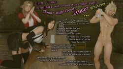3d aerith_gainsborough cfnm clothed_female clothed_female_nude_male cloud_strife covering_face dialogue embarassed final_fantasy final_fantasy_vii final_fantasy_vii_remake flaccid_penis laughing lost_bet nude_male small_penis small_penis_humiliation sph throwingblue tifa_lockhart tiny_penis