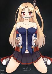 azur_lane blonde_female blonde_hair bondage cleveland_(azur_lane) female fluids_on_ground hair_ornament kneeling kneeling_female long_hair multicolored_jacket ponytail pussy red_eyes skirt tied_arms tied_hands tied_mouth tony_x_play tonyxplay vaginal_fluids vaginal_juices white_shoes