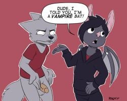 bat bite_mark_on_penis canid canine canis clothed clothing dialogue duo fully_clothed fur gay gay_male genital_torture grey_body grey_fur humor leaf-nosed_bat male male/male mammal microbat partially_clothed rinzy vampire_bat wolf yangochiropteran yaoi