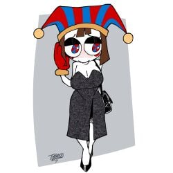 1girls big_breasts blush curvy dress elegant_dress embarrassed evening_gown female gloves high_heels jester looking_away pomni_(the_amazing_digital_circus) purse shortstack shy simple_background the_amazing_digital_circus tomboy20 wide_hips
