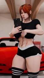 3d 3d_(artwork) abs black_clothes celebrity jenna_lynn_meowri meowri muscular muscular_female nappana orange_hair phone pulling_up_shirt real_person selfie showing_off taking_picture thick_thighs thighhighs toned toned_female
