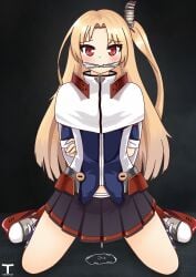 azur_lane blonde_female blonde_hair bondage cleveland_(azur_lane) coat hair_ornament kneeling kneeling_female long_hair multicolored_jacket ponytail red_eyes skirt tied_arms tied_hands tied_mouth tony_x_play tonyxplay vaginal_fluids vaginal_juices white_shoes