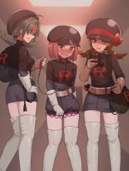 3girls backpack bag belt black_hat black_shirt black_skirt blush boots breasts brown_eyes brown_hair collar commission dark_persona gloves green_eyes green_hair hat highres kris_(pokemon) leash low_twintails lyra_(pokemon) miniskirt multiple_girls newsboy_cap nipple_stimulation pixiv_commission pokemon remote_control_vibrator sex_toy shirt short_hair shoulder_bag skirt small_breasts team_rocket team_rocket_grunt team_rocket_uniform tears thigh_boots thigh_strap twintails vibrator vibrator_in_thigh_strap vibrator_on_nipple vibrator_under_clothes white_boots white_gloves wombatvxww2553