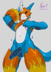 2025 anthro armor athletic athletic_anthro athletic_male balls bandai_namco blue_body clothed clothing clothing_lift crop_top digimon digimon_(species) digital_drawing_(artwork) digital_media_(artwork) dragon erection evolution evolution_(transformation) flamedramon genital_growth genitals growth headgear helmet hi_res humanoid_genitalia humanoid_penis looking_at_viewer low-angle_view male midriff mythological_creature mythological_scalie mythology navel negy penile penis penis_growth presenting raised_arm raised_clothing red_eyes scalie shirt shirt_lift simple_background slim solo tail topwear transformation vein veiny_penis white_background wireframe