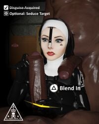 2boys 3d assassin before_sex big_penis bioshock bioshock_infinite black_hair blender clothed_female_nude_male dark-skinned_male dark_skin elizabeth_comstock english_text fat_cock fat_male female foreskin game_ui gun_holster hand_on_penis hitman hitman_absolution holster interracial latex latex_clothing latex_suit lipstick male nose_hook nun nun_outfit penis queen_of_spades tactical_gear tattoo text uncircumcised unseen_male_face