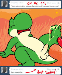 cum cumshot detailed_background ejaculation english_text erection foot_fetish foot_lick humanoid_penis licking male male_only mario_(series) nintendo nishi orgasm penis tears text tongue tongue_out video_games yoshi