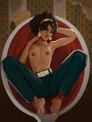 1girls afro applesauce_jack armpit barefoot breasts brown_eyes curly_hair dark_hair dark_skin deathloop ebony female hairband julianna_blake looking_at_viewer nipples partially_clothed sitting small_breasts