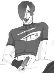 1boy abs balls black_nails blood bottomless clothes_pull clothing_cutout controller crop_top cropped_shirt ear_piercing earrings erection fingerless_gloves gay gloves greyscale hair_over_one_eye holding jewelry leon_scott_kennedy looking_at_viewer makeup male male_focus male_masturbation masturbation midriff monochrome nail_polish navel nipple_piercing nipples open_mouth pants pectorals penis piercing red_eyes resident_evil resident_evil_2 resident_evil_4 sex_toy shirt short_hair short_sleeves simple_background sitting smile solo spitslushy spot_color spread_legs t-shirt teeth testicles tight_shirt toned toned_male tongue tongue_out tongue_piercing torn_clothes torn_pants torn_shirt turtleneck uncensored white_background
