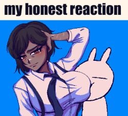 1girls animated big_breasts blue_background breast_sucking brown_hair dark-skinned_female female limbus_company meme my_honest_reaction outis_(limbus_company) pixel_art project_moon short_hair text uniform yellow_eyes zolotokos