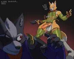 absurd_res accident accidental_exposure anthro balls big_penis bodily_fluids canid canine canis clothing duo erection eye_patch eyewear fingerless_gloves foreskin fox fox_mccloud fur genital_fluids genitals gloves green_clothing grey_body grey_fur gun handgun handwear hi_res holding_gun holding_handgun holding_object holding_pistol holding_ranged_weapon holding_weapon jacket kerchief leotard male mammal neckerchief neckwear nintendo orange_body orange_fur penis pistol precum querq ranged_weapon red_eyes star_fox tight_clothing topwear vein veiny_penis wardrobe_malfunction weapon wolf wolf_o'donnell