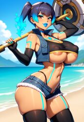 1girls adapted_costume ai_generated areola areolae ass bare_shoulders battle_bimbo beach big_breasts bimbo bimbofication bimbofied black_hair breasts brown_eyes chest_jewel choker collarbone colored_nails colored_skin elbow_gloves eyeshadow female fingerless_gloves fur-trimmed_shorts fur_trim hammer holding holding_object holding_weapon huge_ass huge_breasts jacket jacket_open lipstick long_nails looking_at_viewer makeup micro_shorts navel nipple_bulge novelai outdoors outside popped_collar sena_(xenoblade) short_hair short_shorts side_ponytail skindentation sleeveless sleeveless_jacket smile solo solo_female tan tan_body tank_top tanned tanned_skin tgm101_(artist) thick_lips thick_thighs thighhighs thin_waist thong thong_above_shorts three-quarter_view underboob weapon weapon_over_shoulder wide_hips xenoblade_(series) xenoblade_chronicles_(series) xenoblade_chronicles_3