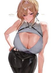 absurdres bare_shoulders black_pants blonde_hair blush breasts chest_harness cleavage cleavage_cutout closed_mouth clothing_cutout evelyn_chevalier female hair_up hand_on_own_hip harness highres huge_breasts igiroitsu latex_pants looking_at_viewer open-chest_sweater pants purple_eyes shirt short_hair sleeveless sleeveless_sweater solo sweater tight_clothes tight_pants uneven_bangs white_shirt zenless_zone_zero
