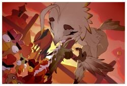 anthro avian beak bird bodily_fluids border chicken cum cum_from_mouth cum_in_mouth cum_inside cum_vomit equid equine feathers feeding female feral galliform gallus_(genus) genital_fluids group gulwaca horse lyra_(w4g4) male mammal phasianid potoo ranch white_border