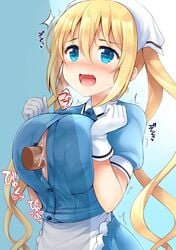 apron bangs blend_s blonde_hair blue_eyes breasts female gloves head_scarf hinata_kaho large_breasts long_hair open_mouth paizuri paizuri_under_clothes short_sleeves solo stile_uniform twintails uni8 upper_body waitress white_gloves