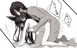 1boy all_fours animal_ear_fluff animal_ears azur_lane bird_hair_ornament breasts chinese_commentary chinese_text commentary_request completely_nude doggy_style female fox_ears fox_girl grabbing_another's_breast grabbing_from_behind greyscale groping hair_ornament hamiro highres long_hair monochrome nagato_(azur_lane) nipples nude paid_reward_available small_breasts socks speech_bubble straight
