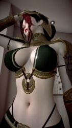 1girls 3d 4k armor armored_female big_breasts breasts crashbanditkut eyebrows female female_focus glitter hair hi_res high_resolution highres light-skinned_female light_skin lips looking_at_viewer makeup medium_hair navel original original_character pink_eyes red_hair room sexy solo virt-a-mate virtamate