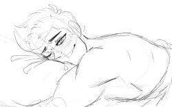 bed bedroom blush blush_lines blushing_at_viewer blushing_male bwabwamoonie chance_(date_everything) d20 date_everything in_bed laying_on_bed laying_on_stomach male male_only nerd nerdy_male shirtless shirtless_male sketch sketch_page smile smiling smiling_at_viewer