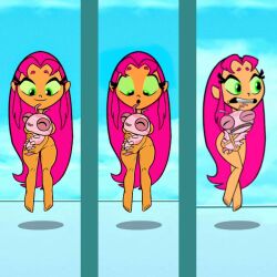 canonical_scene convenient_censoring covering covering_up dc dc_comics edit edited embarrassed_nude_female enf green_eyes long_hair naked naked_female nude nude_female orange_skin pink_hair shocked shocked_expression silkie starfire teen_titans_go wide_hips