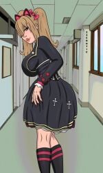 2025 artist_name big_breasts boots brown_eyes brown_hair caroline_(free_fire) cat_ears clothed clothing eyelashes free_fire long_hair looking_at_viewer looking_back patito_zzero pink_lipstick school school_uniform schoolgirl seductive_look skirt smile smiling