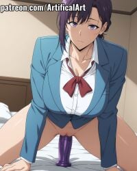 1girls ai_generated artifical_art blue_jacket blush clitoris collared_shirt curvy_figure dildo dildo_in_pussy dress_shirt female_masturbation incest korean_female light-skinned_female light_skin long_hair masturbation neck_ribbon partially_undressed perfect_body ponytail purple_eyes purple_hair pussy pussy_juice riding riding_dildo school_uniform sex_toy sister solo solo_leveling spread_legs sung_jin-ah teenage_girl vaginal_masturbation white_shirt younger_female