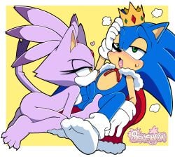 2025 absurd_res anthro balls blaze_the_cat blue_body blush breasts cape clothing crown domestic_cat duo eulipotyphlan felid feline felis fellatio female footwear genitals gloves green_eyes handwear headgear heart_symbol hedgehog hi_res looking_at_another looking_pleasured male male/female mammal nipples nude nude_female open_mouth oral penile penis purple_body sega senshion sex simple_background socks sonic_the_hedgehog sonic_the_hedgehog_(series) tail tongue yellow_eyes