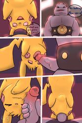 2018 anthro closed_eyes clothed clothing comic deepthroat dialogue duo english_text fan_character fellatio female fur half-closed_eyes humanoid interspecies larger_male machoke male mammal milachu nintendo open_mouth oral oral_penetration page_43 page_number partially_clothed penetration penis pikachu pink_eyes pokémon_(species) pokemon pokemon_(species) rodent scruffythedeer sex size_difference smaller_female straight text video_games yellow_fur