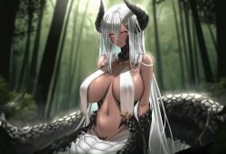 1girls black_horn black_scales breast_curtains claws colored_extremities female golden_eyes horn huge_breasts lamia lamias_room naga original_character scales white_hair white_scales