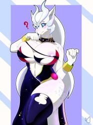 2024 ? big_breasts bludraconoid blue_eyes blush breasts dragon female female_only furry long_hair looking_down mirvari_(kataou) nipple_piercing nipples original original_character pierced_nipples purple_background reptile ripped_clothing scalie thick_thighs thighhighs thighs wardrobe_malfunction white_background white_body white_hair white_skin wide_hips