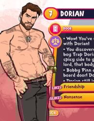 (trap)dorian arm_tattoo arm_tattoos beard belt belt_buckle black_pants brown_eyes brown_eyes_male brown_hair brown_hair_male date_everything dorian_(date_everything) gameplay_mechanics hairy hairy_chest hairy_male happy_trail key_necklace male male_only microphone_wire rusticfurnace shoulder_tattoo strip strip_game strip_tease tattoo tattoo_on_arm tattoo_on_shoulder tattooed_arm tattooed_shoulder tattoos title_card wristwatch