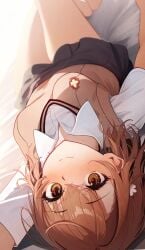 1girls 2020s 2024 ai_generated bare_legs bare_thighs bed_sheet blush breasts brown_eyes brown_hair crossed_legs embarrassed feet_out_of_frame female from_above hair_flower hair_ornament indoors looking_at_viewer lying matching_hair/eyes miniskirt misaka_mikoto on_back school_uniform schoolgirl short_hair small_breasts smile smiling_at_viewer solo student summer_uniform teenage_girl teenager thighs to_aru_kagaku_no_railgun to_aru_majutsu_no_index tokiwadai_school_uniform young young_female