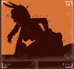 1boy animal_ears ass braid breasts completely_nude cowgirl_position female fuzzlogik grabbing_another's_ass groping heart highres hololive large_breasts livestream long_hair motion_lines nude open_mouth orange_background pekomama rabbit_ears rabbit_girl rabbit_tail recording sex silhouette simple_background straddling straight tail vaginal_penetration virtual_youtuber