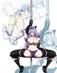 2girls angel angel_wings ass big_breasts blush breasts camilla_(fire_emblem) fire_emblem fire_emblem_fates lexus_(artist) long_hair multiple_girls nanael panties panties_aside pole_between_ass pole_dancing purple_hair pussy queen's_blade spread_legs stripper_pole tagme topless