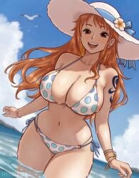 :d arm_tattoo bare_shoulders bikini bird blue_sky bracelet breasts brown_eyes cleavage cloud cloudy_sky collarbone commentary cowboy_shot curvy day earrings english_commentary female flower flower_hat halterneck hat hat_flower hat_ribbon hiyozuki horizon jewelry large_breasts log_pose long_hair looking_at_viewer nami_(one_piece) navel ocean one_piece open_mouth orange_hair outdoors partially_submerged pearl_earrings polka_dot polka_dot_bikini ribbon shoulder_tattoo side-tie_bikini_bottom sky smile solo stomach straw_hat sun_hat swimsuit tattoo very_long_hair wading water wavy_hair white_bikini white_hat