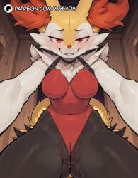 (creature) 1girls ai_generated animal_ear_fluff animal_ears animal_nose ass_visible_through_thighs black_choker black_fur blush body_fur braixen breasts cameltoe choker covered_navel covered_nipples female fox_ears fox_girl fox_tail from_below furry furry_female grin half-closed_eyes indoors leotard looking_at_viewer medium_breasts meevow multicolored_fur neck_fur patreon_username pokemon pov pussy red_eyes red_leotard smile snout solo sweat tail uncensored wet white_fur yellow_fur