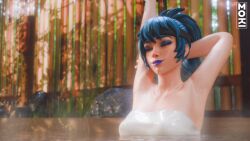 1female 1girls 3d armpits arms_up blue_eyeshadow blue_hair blue_lipstick closed_eyes epic_games eyeshadow female female female_only fortnite fortnite:_battle_royale headband hope_(fortnite) in_water light-skinned_female light_skin lipstick makeup mokinawa ponytail shadow_blade_hope_(fortnite) sitting solo solo_female stretching tagme towel towel_only wet wet_body
