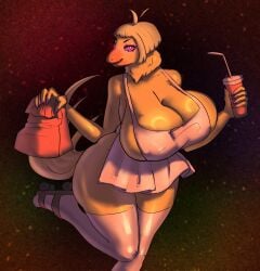 absurd_res apron avian big_breasts bird breasts chica_(fnaf) chicken clothing farodor female five_nights_at_freddy's food galliform gallus_(genus) hi_res huge_breasts hyper legwear nipples phasianid pinup pose scottgames solo stockings waiter
